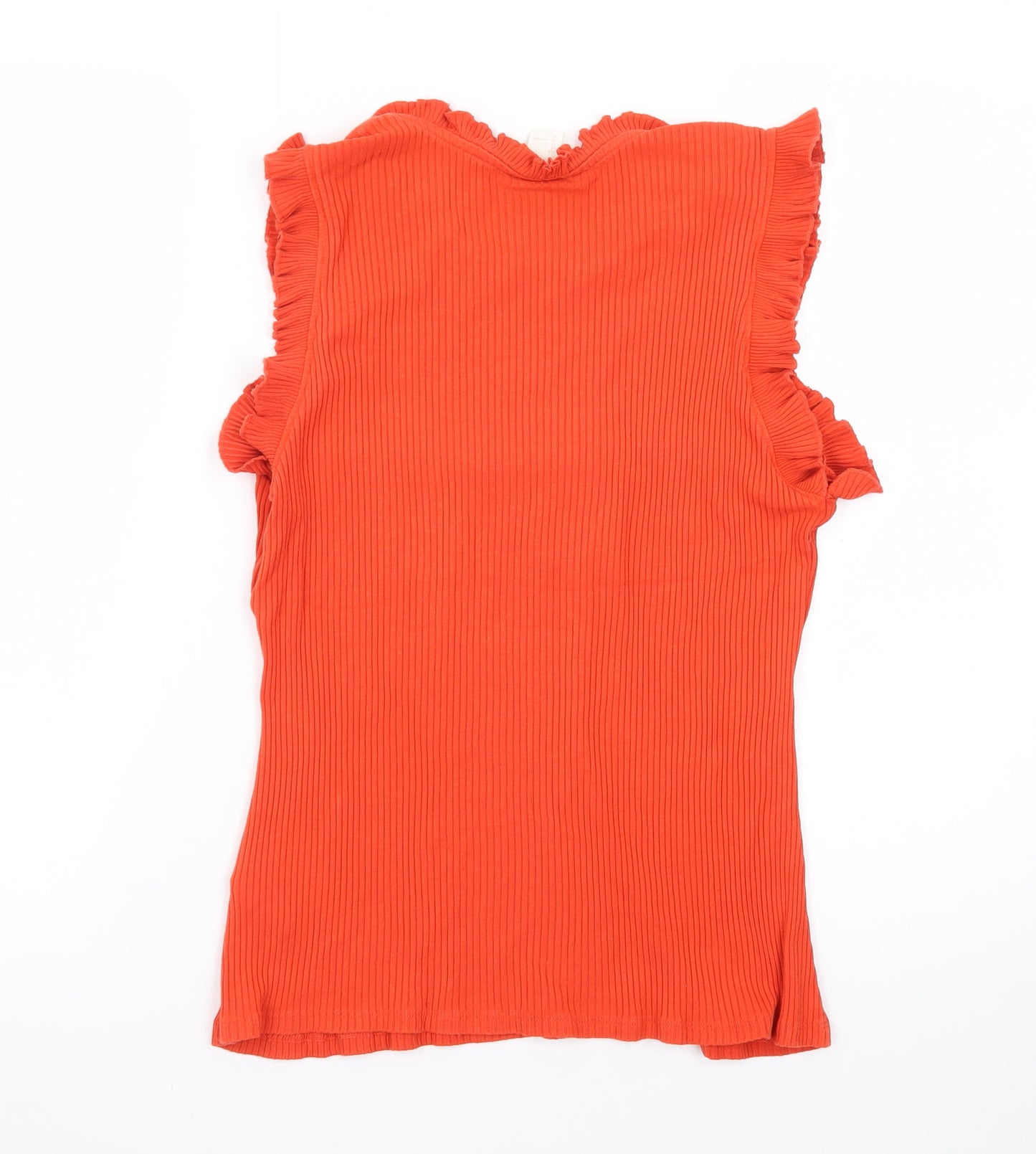 H&M Women Orange Sleeveless Ruffle Trim Ribbed Cotton Tank Top Size L
