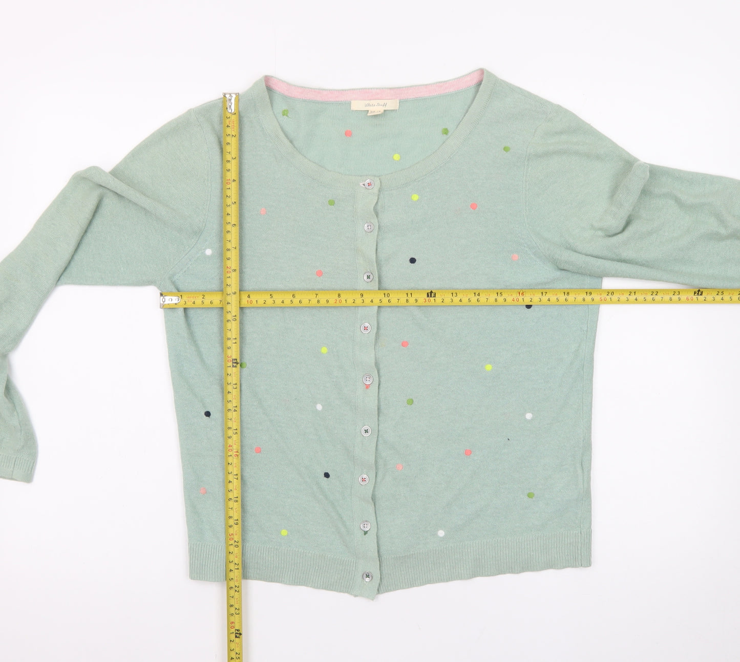 White Stuff Women Green Polka Dot Cardigan UK 14 Linen Cotton Knit