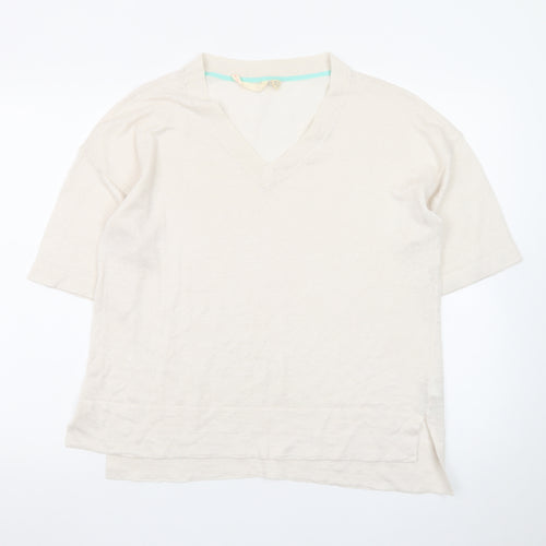 White Stuff Women’s Beige Linen V-Neck Short Sleeve Pullover Jumper UK 10