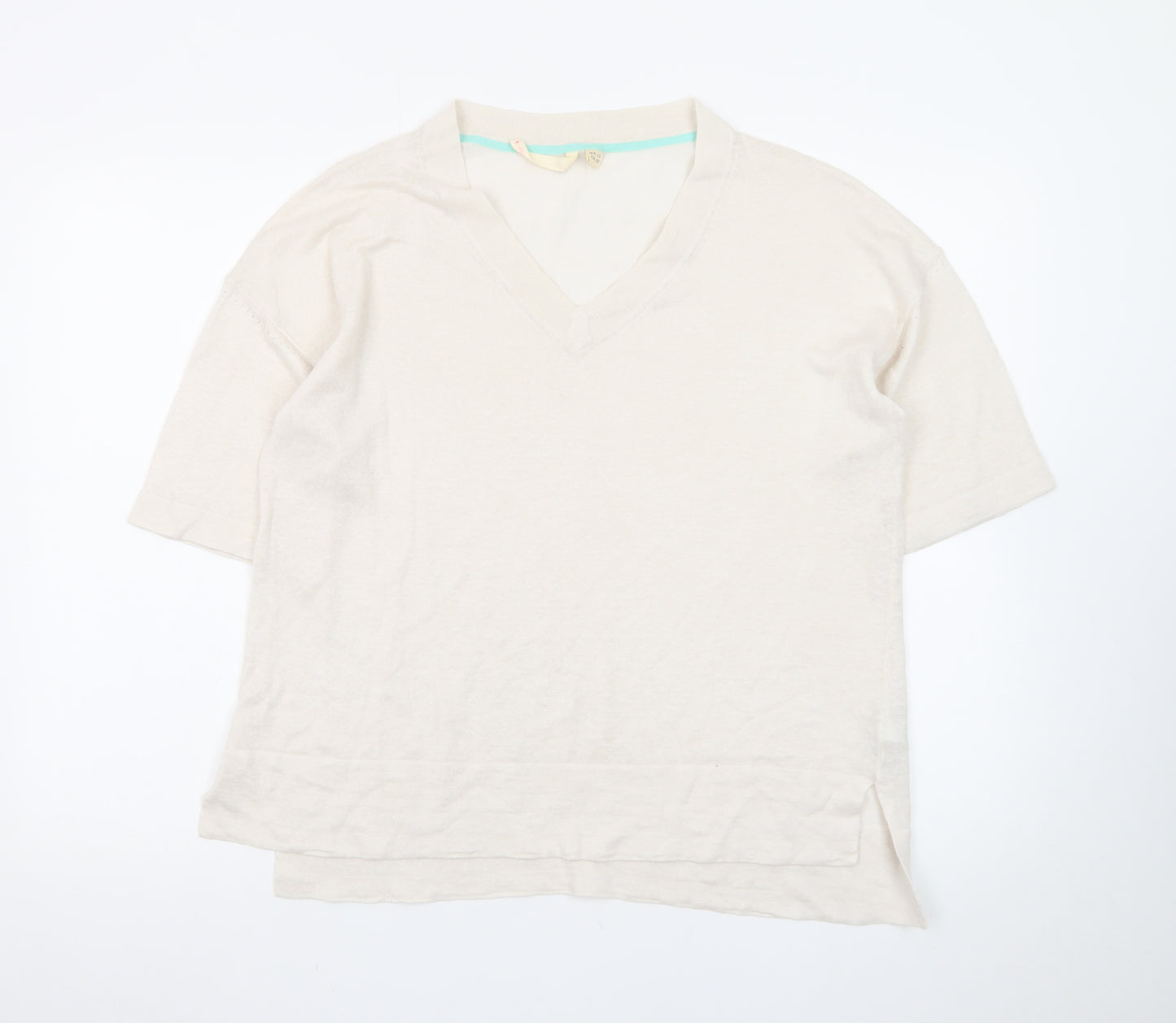 White Stuff Women’s Beige Linen V-Neck Short Sleeve Pullover Jumper UK 10