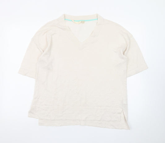 White Stuff Women’s Beige Linen V-Neck Short Sleeve Pullover Jumper UK 10