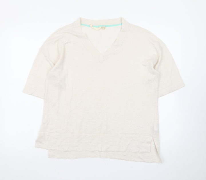 White Stuff Women’s Beige Linen V-Neck Short Sleeve Pullover Jumper UK 10