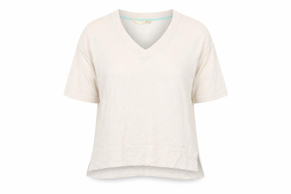 White Stuff Women’s Beige Linen V-Neck Short Sleeve Pullover Jumper UK 10