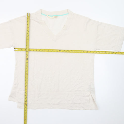 White Stuff Women’s Beige Linen V-Neck Short Sleeve Pullover Jumper UK 10