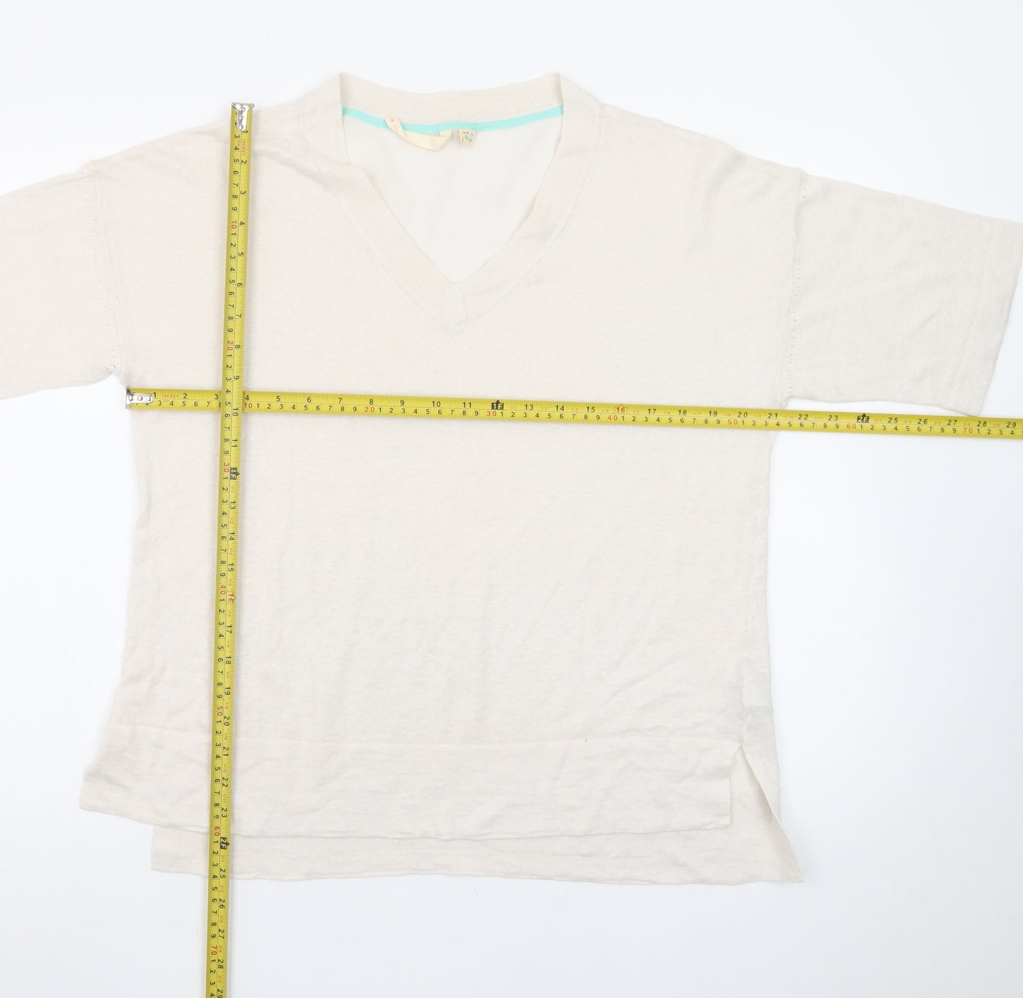 White Stuff Women’s Beige Linen V-Neck Short Sleeve Pullover Jumper UK 10