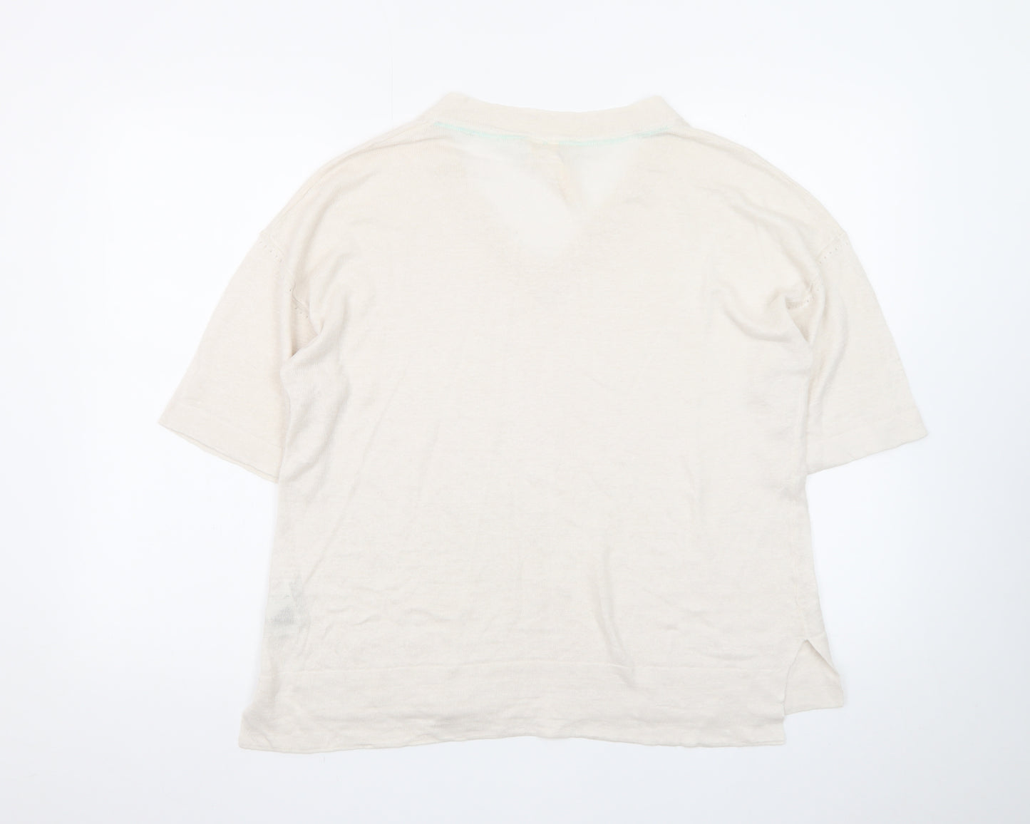 White Stuff Women’s Beige Linen V-Neck Short Sleeve Pullover Jumper UK 10