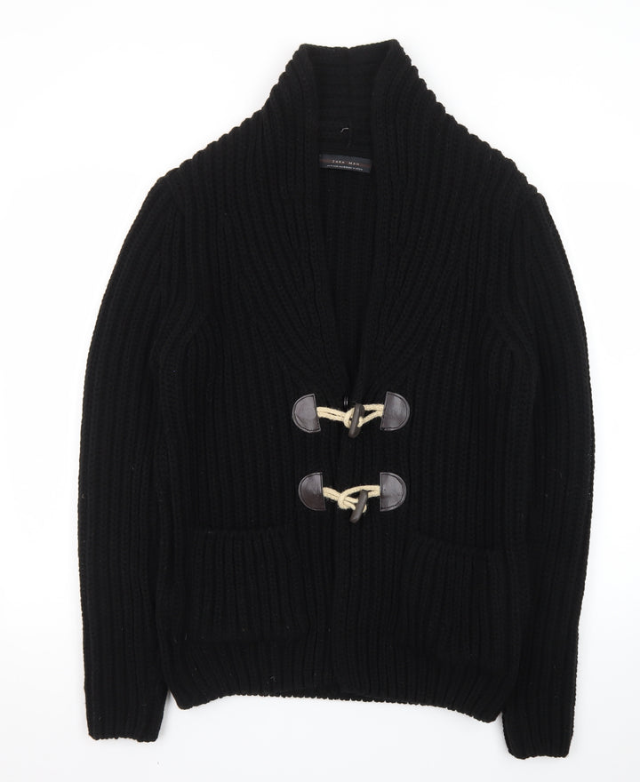 Zara Man Black Wool Blend Chunky Knit Toggle Cardigan M