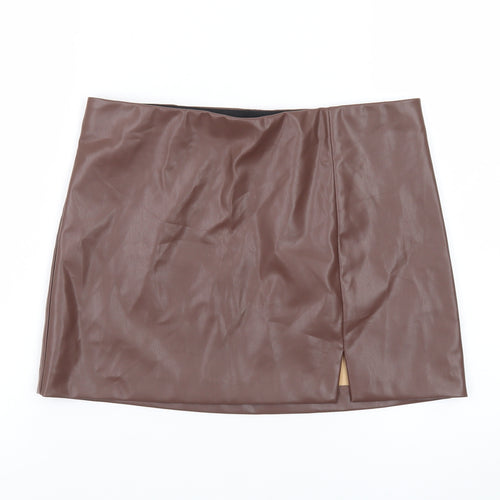 H&M Divided Women Brown Faux Leather Mini Skirt Size 10 High Waist