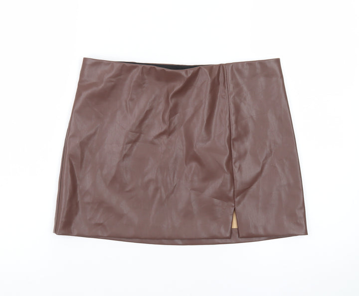 H&M Divided Women Brown Faux Leather Mini Skirt Size 10 High Waist