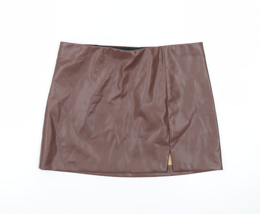 H&M Divided Women Brown Faux Leather Mini Skirt Size 10 High Waist