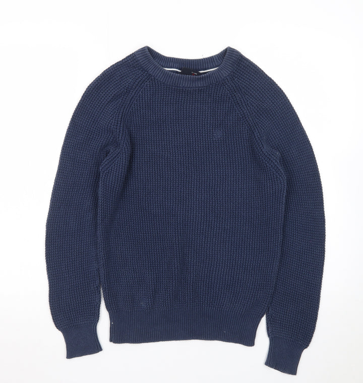 Duck and Cover Men's Blue Cotton Waffle-Knit Crew Neck Jumper Size M