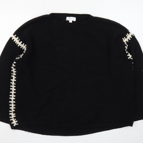 The White Company Women Black Wool Pullover Jumper UK 1 S with Contrast Stitch Detail