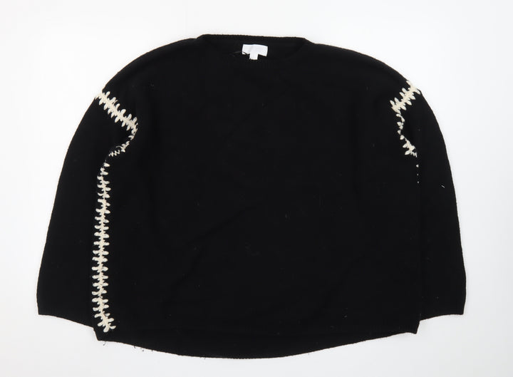 The White Company Women Black Wool Pullover Jumper UK 1 S with Contrast Stitch Detail