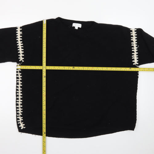 The White Company Women Black Wool Pullover Jumper UK 1 S with Contrast Stitch Detail