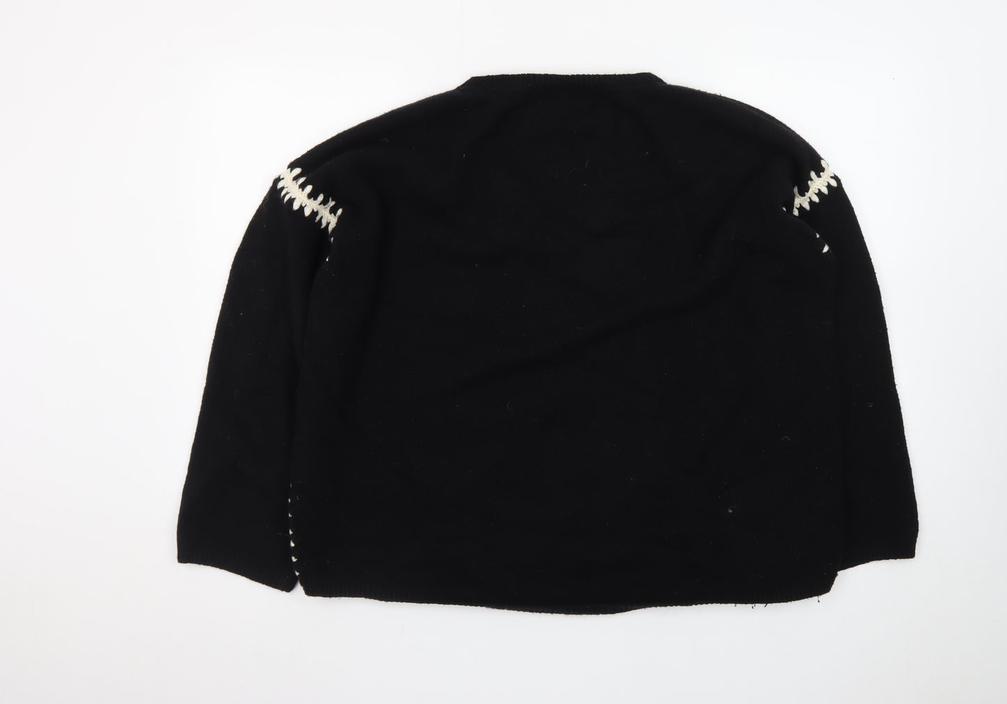 The White Company Women Black Wool Pullover Jumper UK 1 S with Contrast Stitch Detail