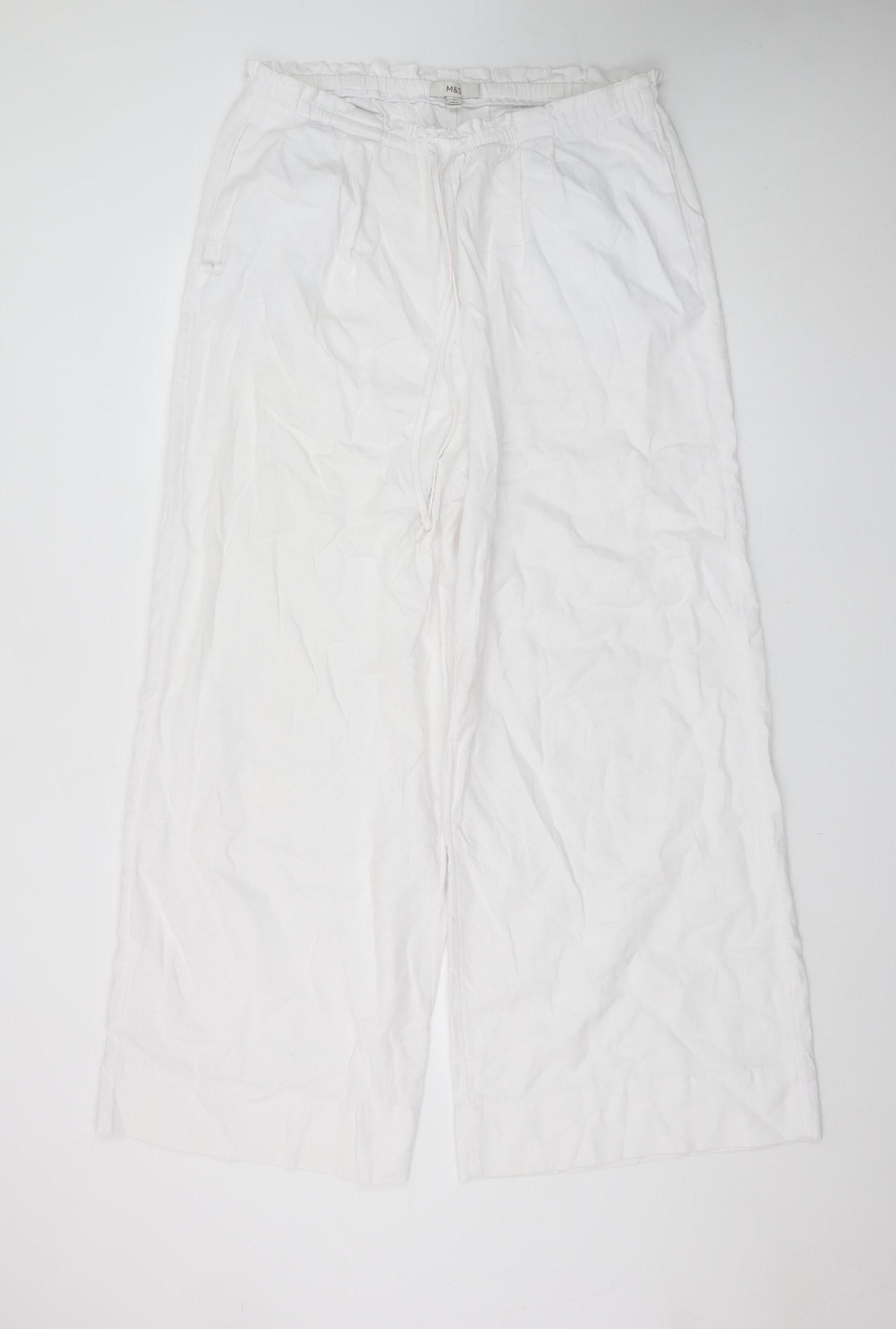 Marks and Spencer Women’s White Linen Wide-Leg Trousers Size 16 Tall