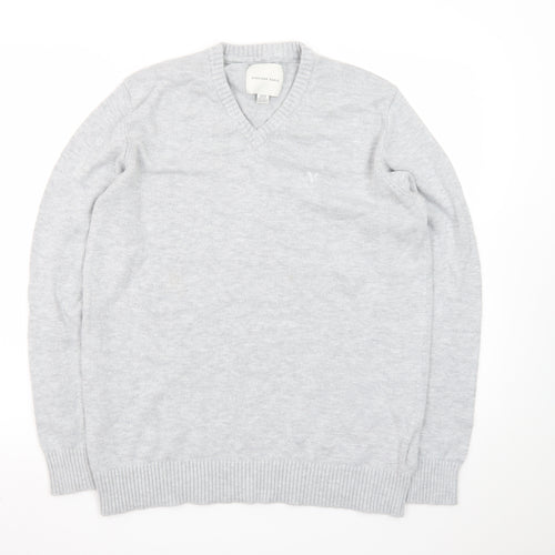 American Eagle Men’s Grey V-Neck Cotton Blend Jumper Size M