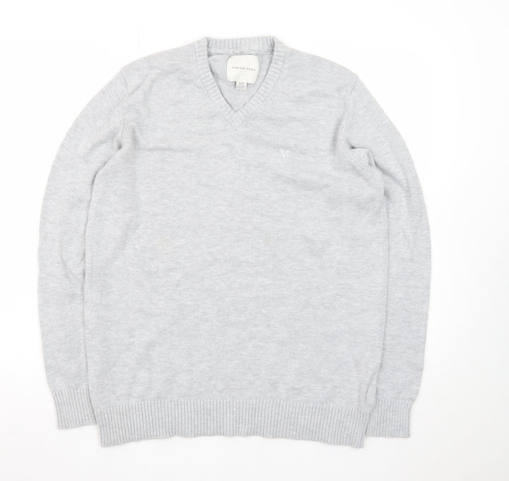 American Eagle Men’s Grey V-Neck Cotton Blend Jumper Size M