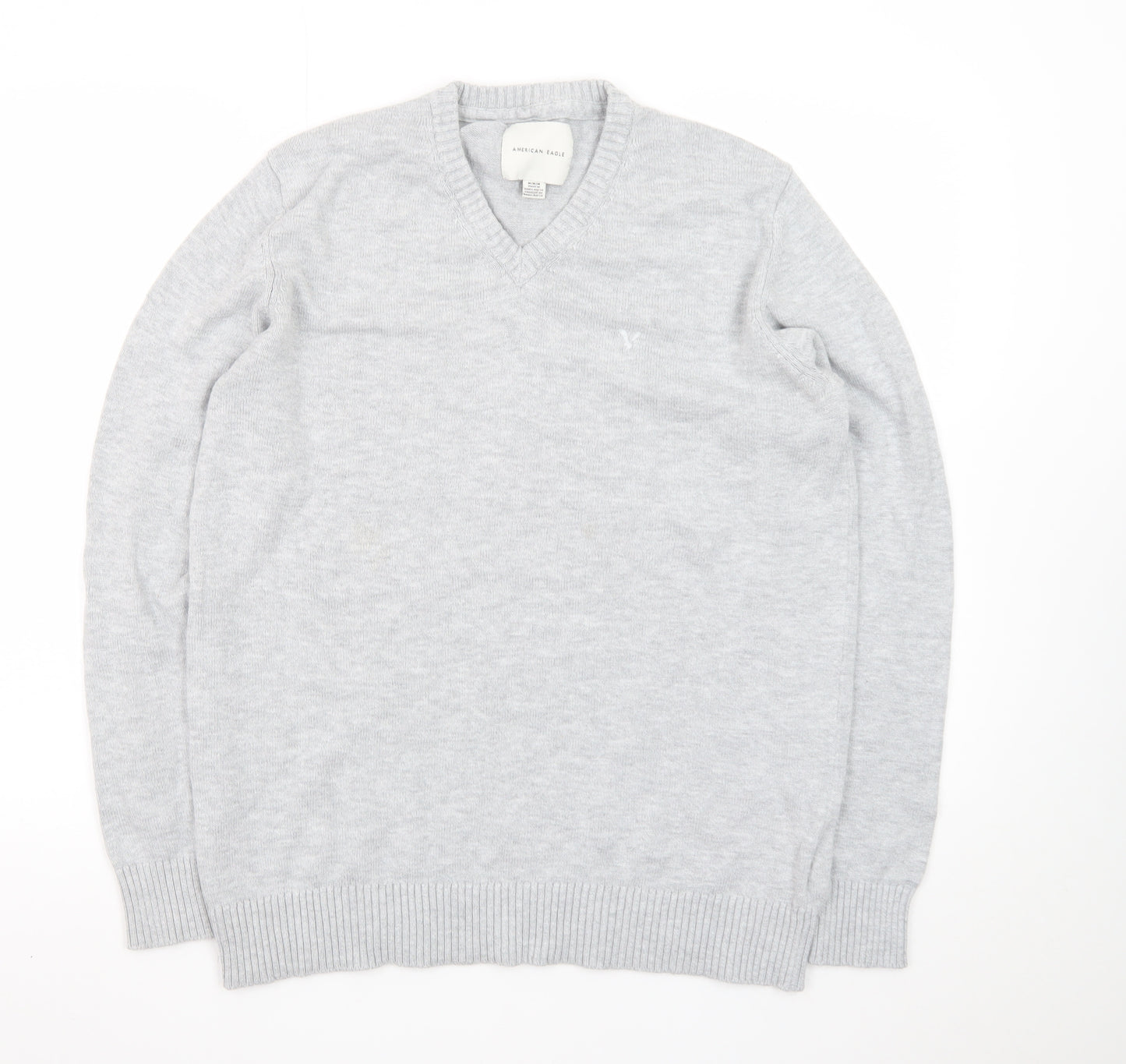 American Eagle Men’s Grey V-Neck Cotton Blend Jumper Size M