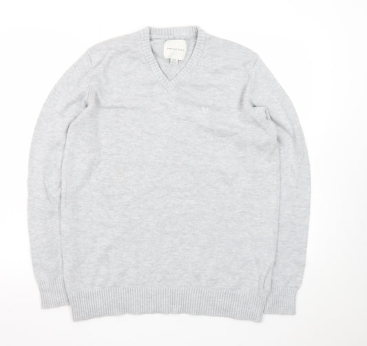 American Eagle Men’s Grey V-Neck Cotton Blend Jumper Size M