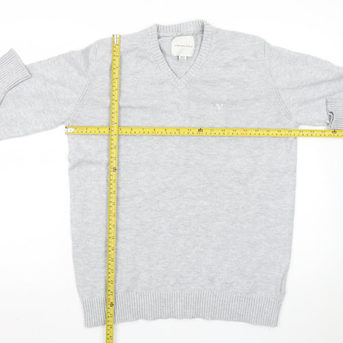 American Eagle Men’s Grey V-Neck Cotton Blend Jumper Size M
