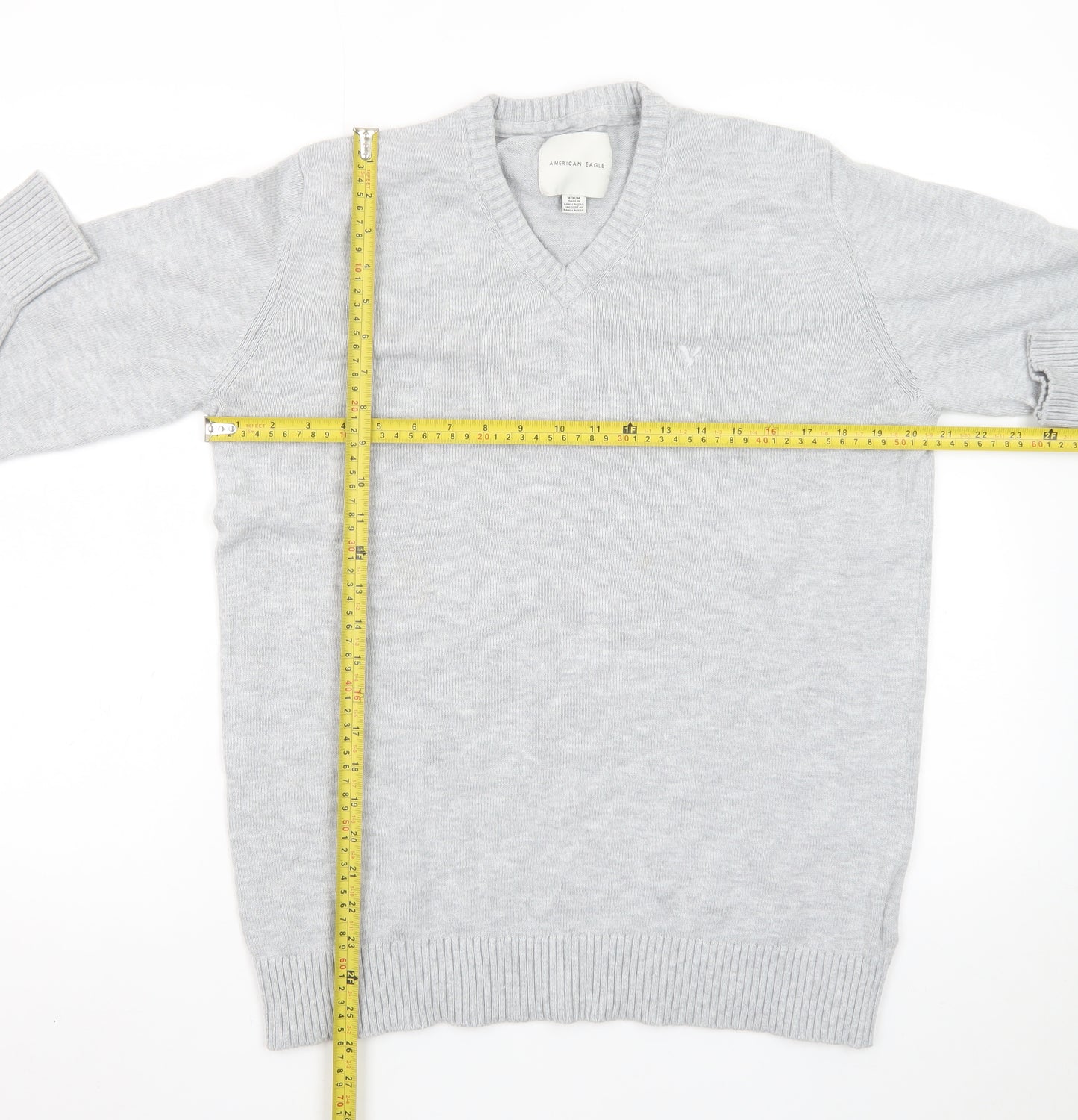 American Eagle Men’s Grey V-Neck Cotton Blend Jumper Size M