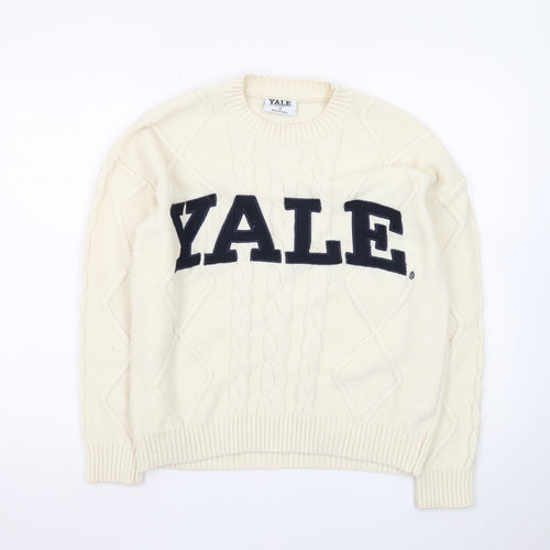 Yale University Women Ivory Cable Knit Jumper Small Crew Neck Cotton