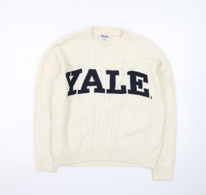 Yale University Women Ivory Cable Knit Jumper Small Crew Neck Cotton