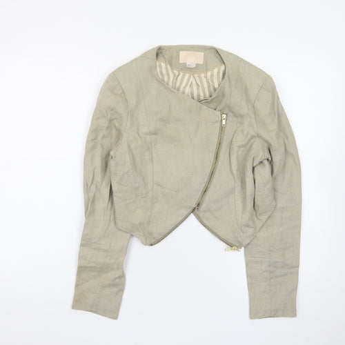 H&M Women Beige Cropped Biker Jacket Size 8 Linen Blend