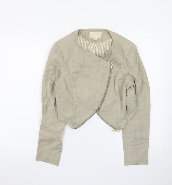 H&M Women Beige Cropped Biker Jacket Size 8 Linen Blend