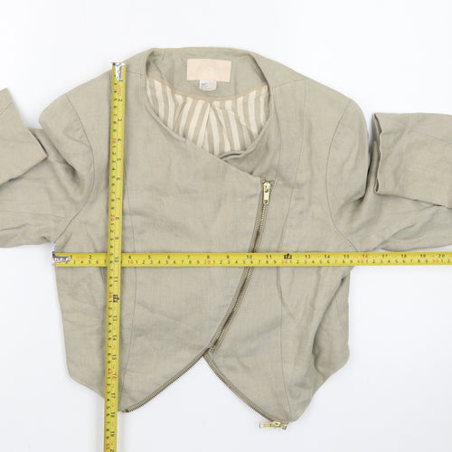 H&M Women Beige Cropped Biker Jacket Size 8 Linen Blend