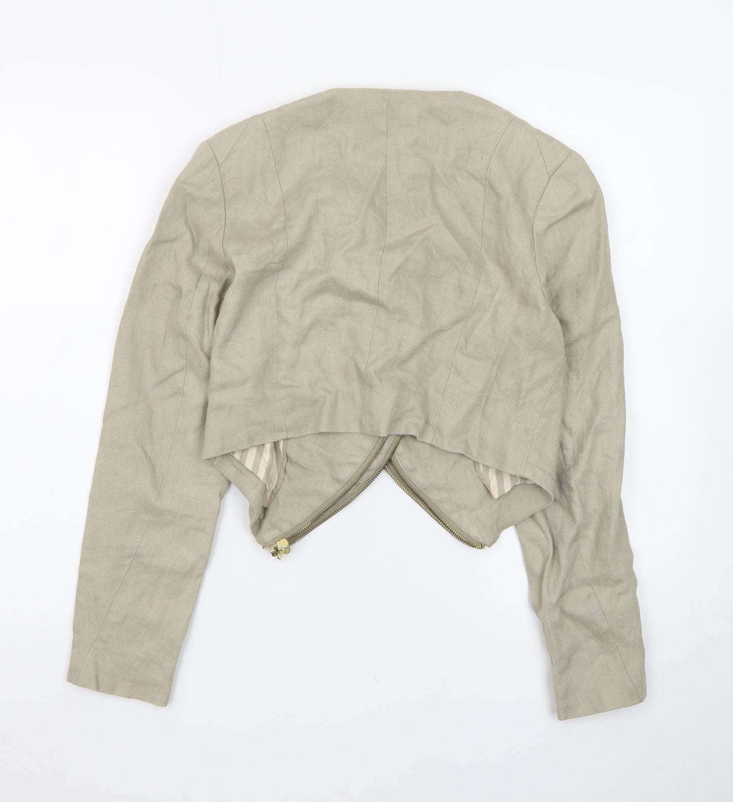 H&M Women Beige Cropped Biker Jacket Size 8 Linen Blend