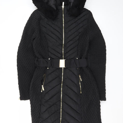 Karen Millen Women’s Black Belted Hooded Puffer Coat Size 8