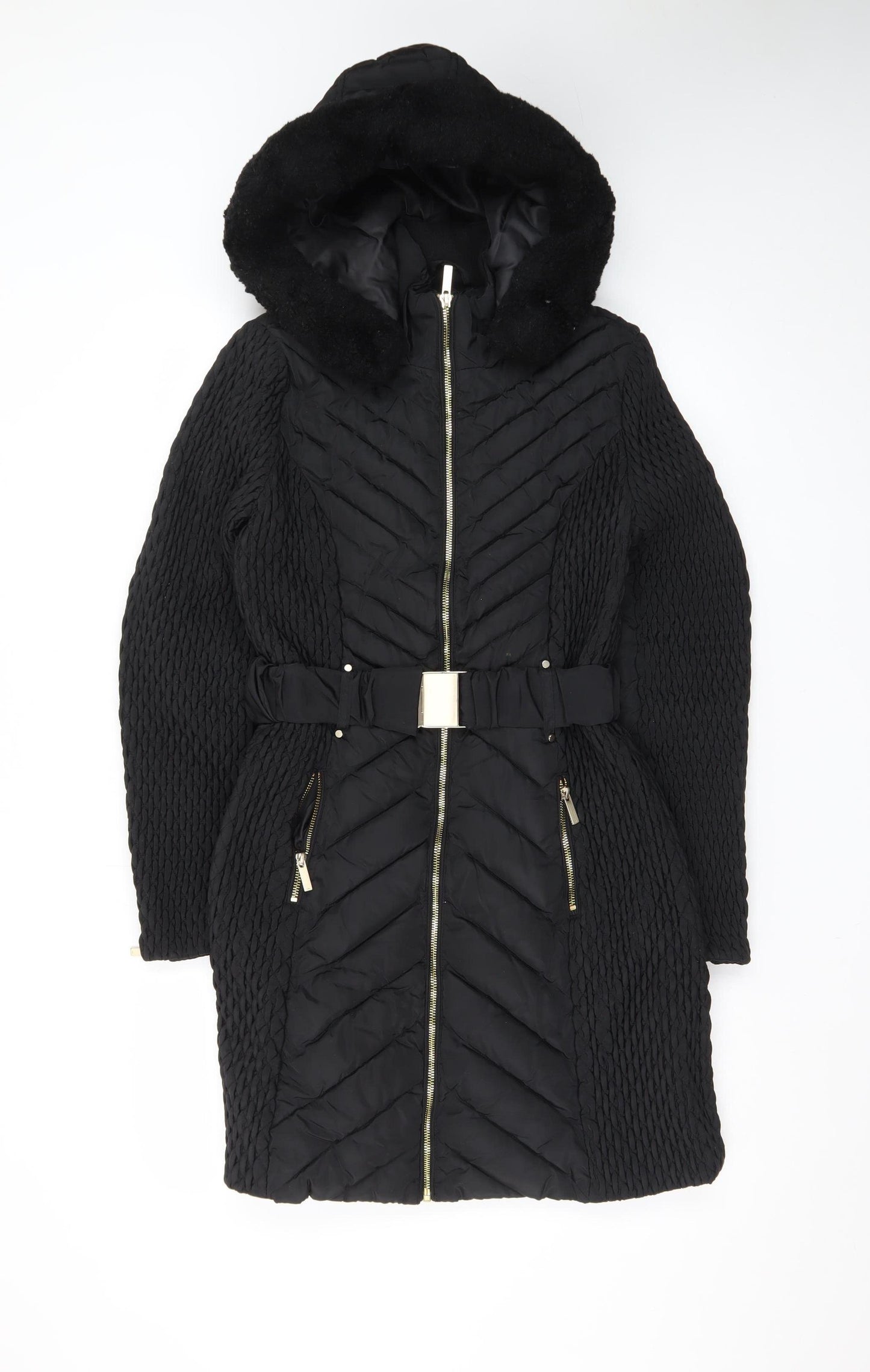 Karen Millen Women’s Black Belted Hooded Puffer Coat Size 8