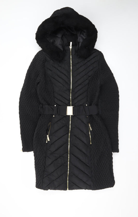Karen Millen Women’s Black Belted Hooded Puffer Coat Size 8