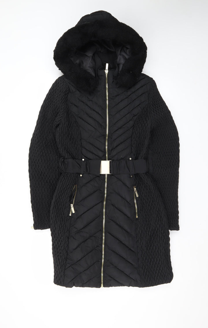 Karen Millen Women’s Black Belted Hooded Puffer Coat Size 8