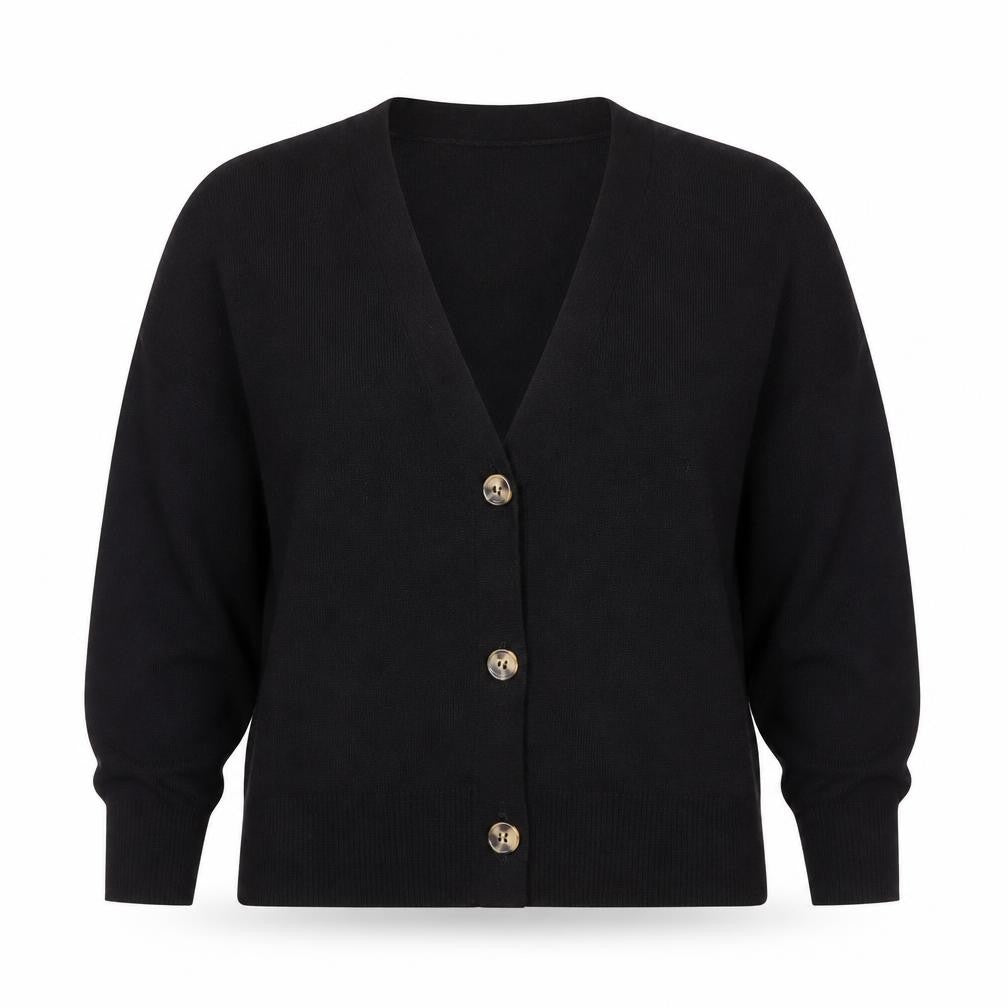 Front view of Whistles Women Black Medium Cardigan Cotton Blend V-Neck Button Front