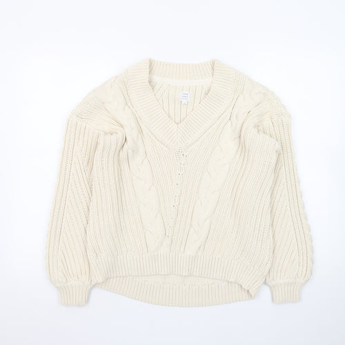 John Lewis Women’s Ivory Cable-Knit V-Neck Cotton Jumper Size 12