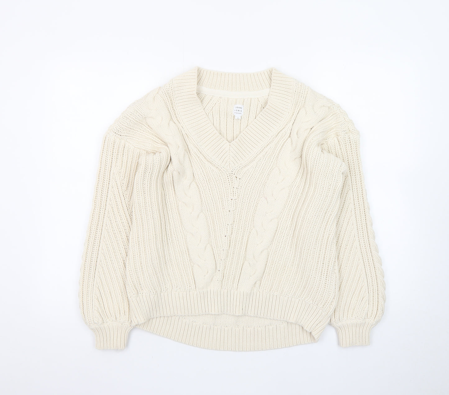 John Lewis Women’s Ivory Cable-Knit V-Neck Cotton Jumper Size 12