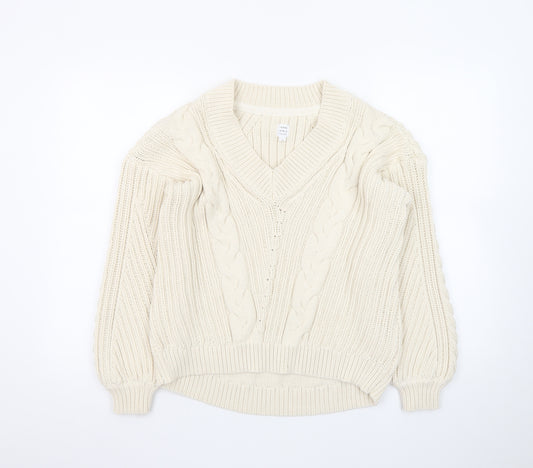 John Lewis Women’s Ivory Cable-Knit V-Neck Cotton Jumper Size 12