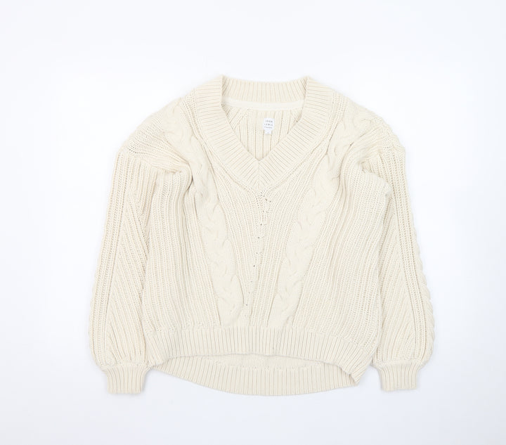 John Lewis Women’s Ivory Cable-Knit V-Neck Cotton Jumper Size 12