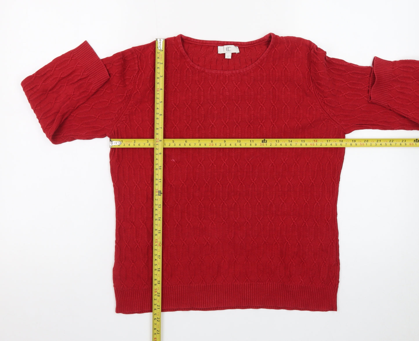 CC Women's Red Cable Knit Cotton Pullover Jumper Size M