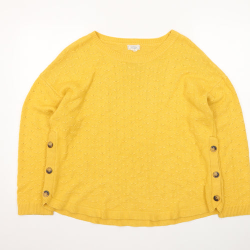 Fat Face Women Yellow Cotton Crew Neck Button Detail Pullover Jumper Size 18