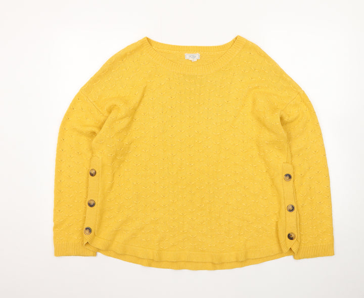 Fat Face Women Yellow Cotton Crew Neck Button Detail Pullover Jumper Size 18