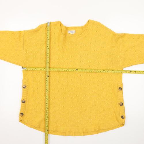 Fat Face Women Yellow Cotton Crew Neck Button Detail Pullover Jumper Size 18