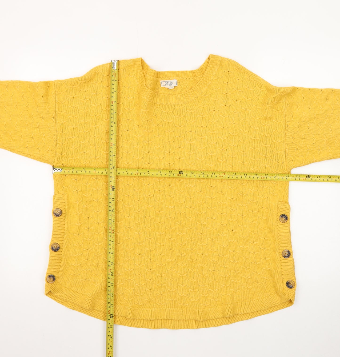 Fat Face Women Yellow Cotton Crew Neck Button Detail Pullover Jumper Size 18