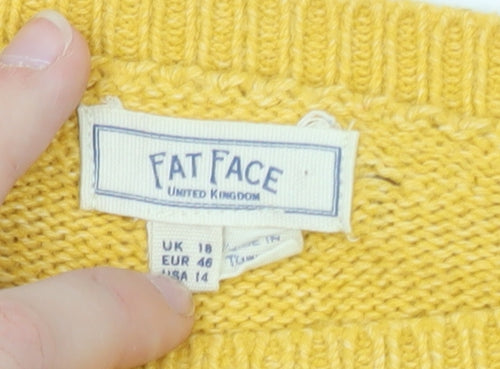 Fat Face Women Yellow Cotton Crew Neck Button Detail Pullover Jumper Size 18
