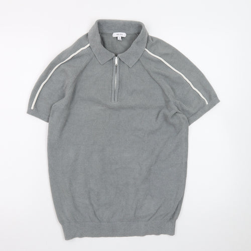 Reiss Men's Grey 1/4 Zip Short Sleeve Knit Polo Shirt Size S