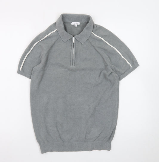 Reiss Men's Grey 1/4 Zip Short Sleeve Knit Polo Shirt Size S