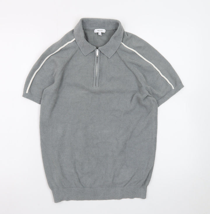 Reiss Men's Grey 1/4 Zip Short Sleeve Knit Polo Shirt Size S